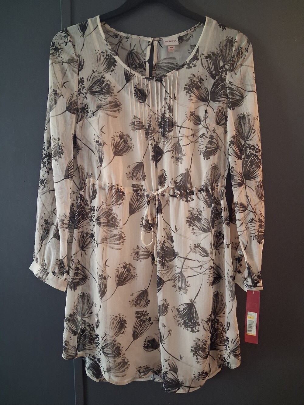 Merona long-sleeve dress, Queen Anne's lace floral print, lined, drawstring PS